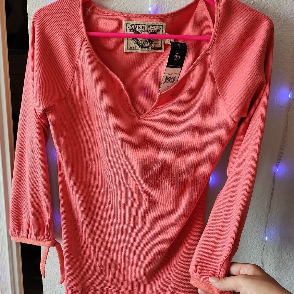 American Living 100% Cotton M Light Pink Ribbed 3/4 Sleeve with Ties V Neck NWT
